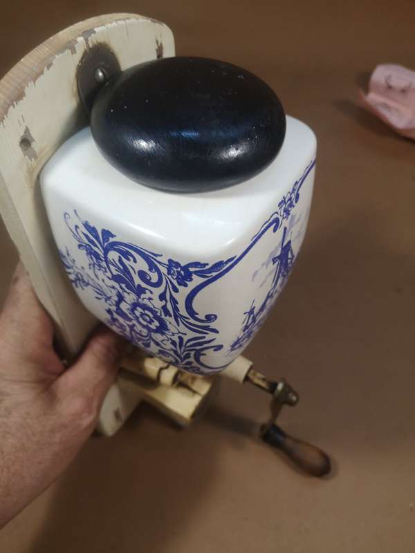 Original Antique Zassenhaus enamel coffee mill with blue and white Delft and Glass Catch Cup