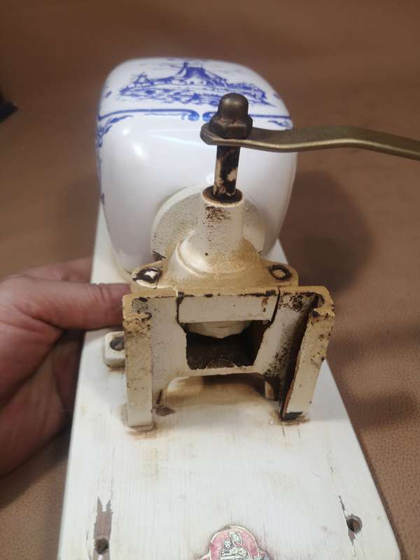 Original Antique Zassenhaus enamel coffee mill with blue and white Delft and Glass Catch Cup