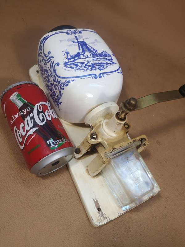 Original Antique Zassenhaus enamel coffee mill with blue and white Delft and Glass Catch Cup