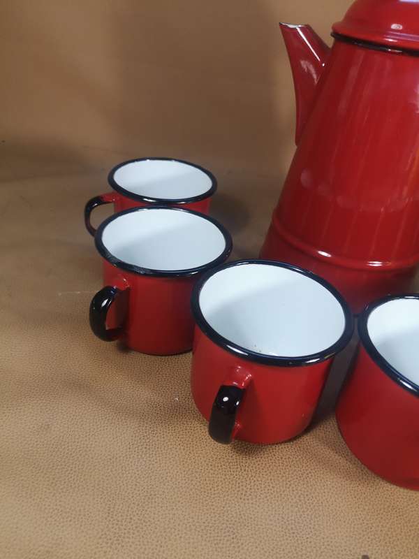 Magnificent Vintage Red 8 Pce Enamel Tea Set - Made in Poland