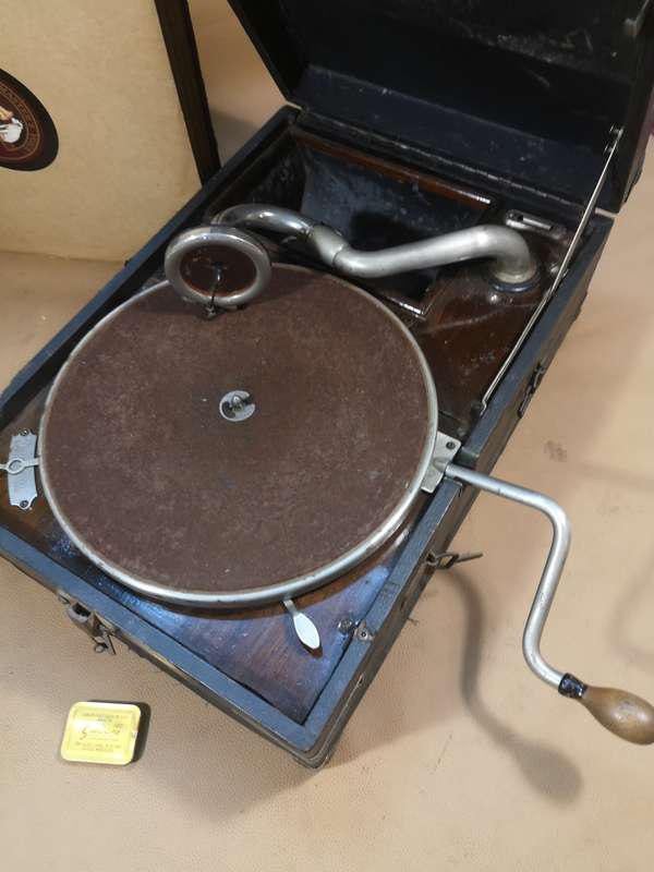 Antique 1920's His Masters Voice Wind Up Portable 100% Working Gramophone