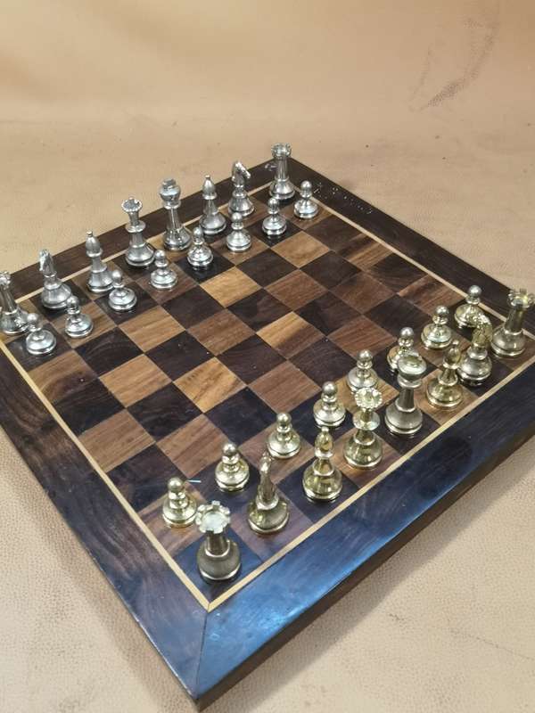 Beautiful Heavy Metal Chess Set with a Handmade Walnut Wooden Game Board