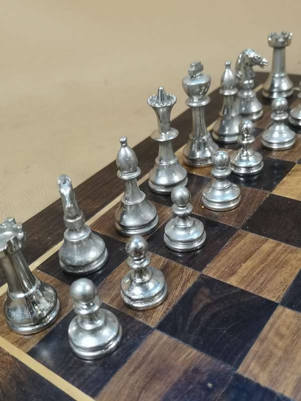 Beautiful Heavy Metal Chess Set with a Handmade Walnut Wooden Game Board