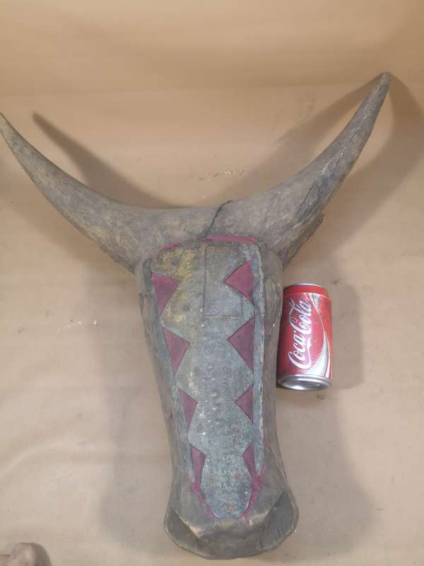 Very Large Antique African Hand Carved Tribal Bidjogo Mask - Brass and Wood