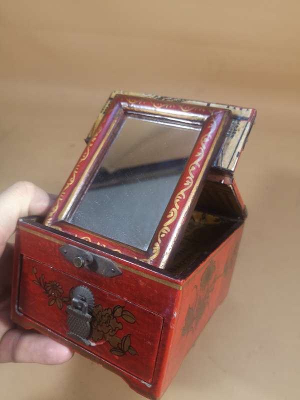 Vintage Ornate Wood & Brass Asian Red Lacquer Jewelry Chest