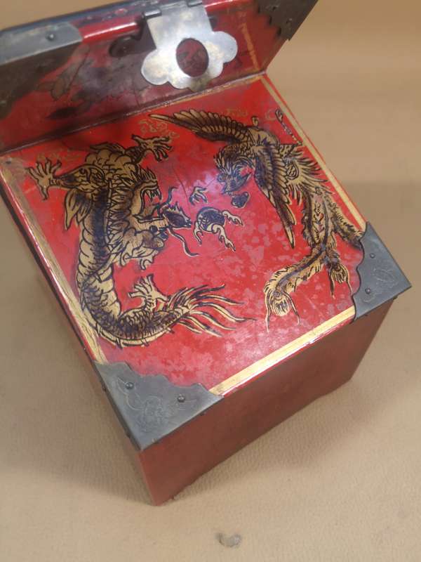 Vintage Ornate Wood & Brass Asian Red Lacquer Jewelry Chest