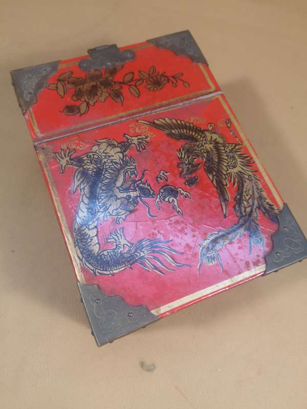 Vintage Ornate Wood & Brass Asian Red Lacquer Jewelry Chest