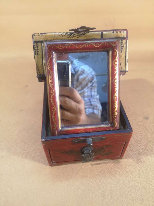 Vintage Ornate Wood & Brass Asian Red Lacquer Jewelry Chest
