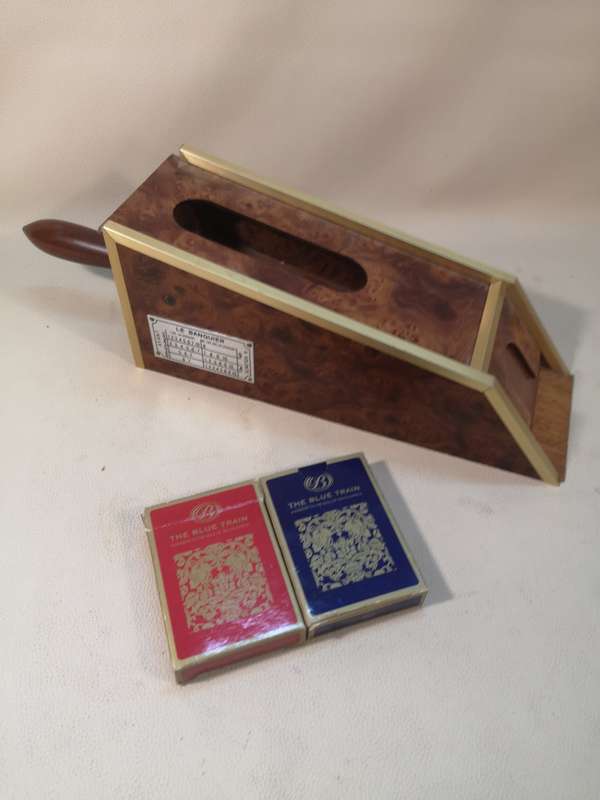 VINTAGE 1970's LE BANQUIER CASINO WOODEN CARD SHOE AND 2 BLUE TRAIN BOXED DECK OF CARDS