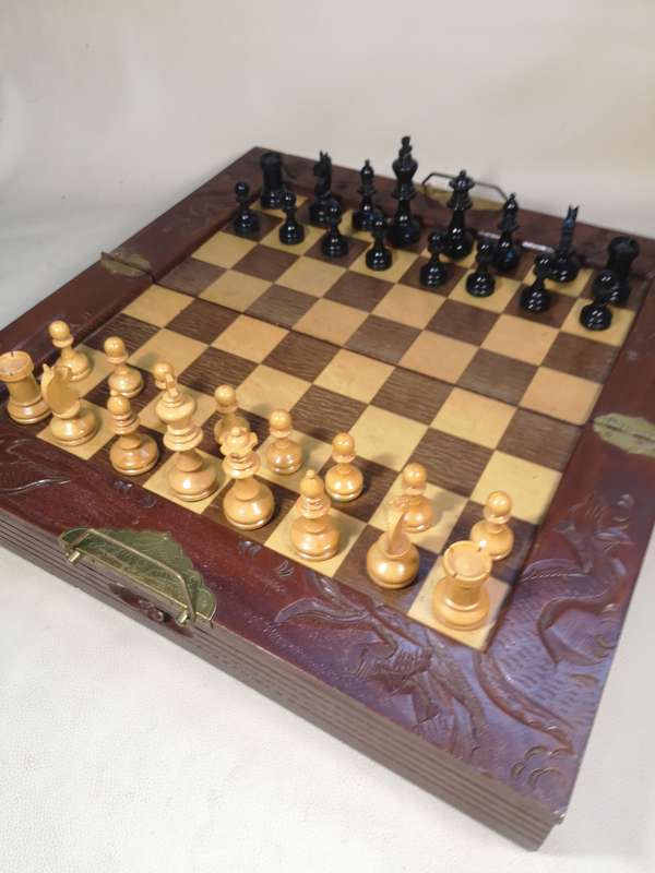 Stunning Vintage Folding Wooden Chess Set with Drawers 460 x 460mm
