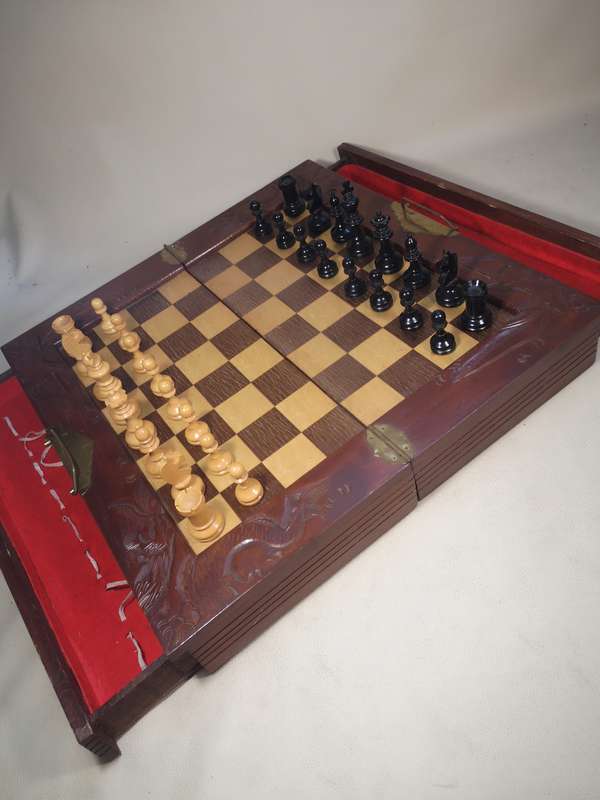 Stunning Vintage Folding Wooden Chess Set with Drawers 460 x 460mm