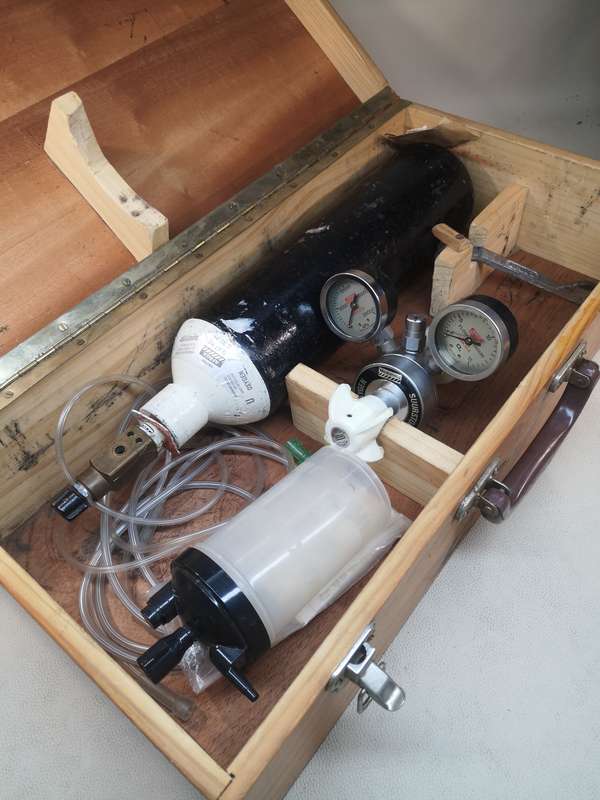 Complete Ambulance Emergency Oxygen Tank Kit in a Wooden Case