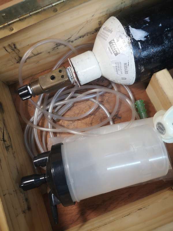 Complete Ambulance Emergency Oxygen Tank Kit in a Wooden Case