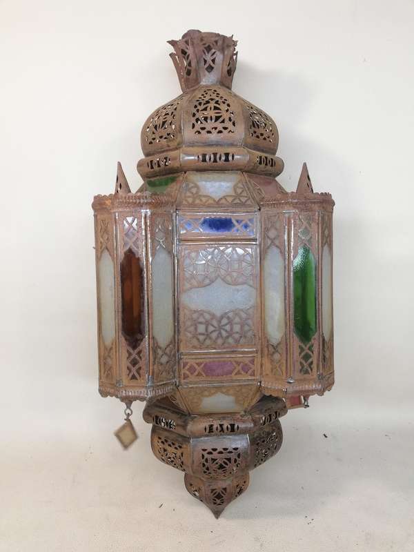 Vintage Moroccan Hanging Lantern Clear and Multicolor Glass Made in Marrakech