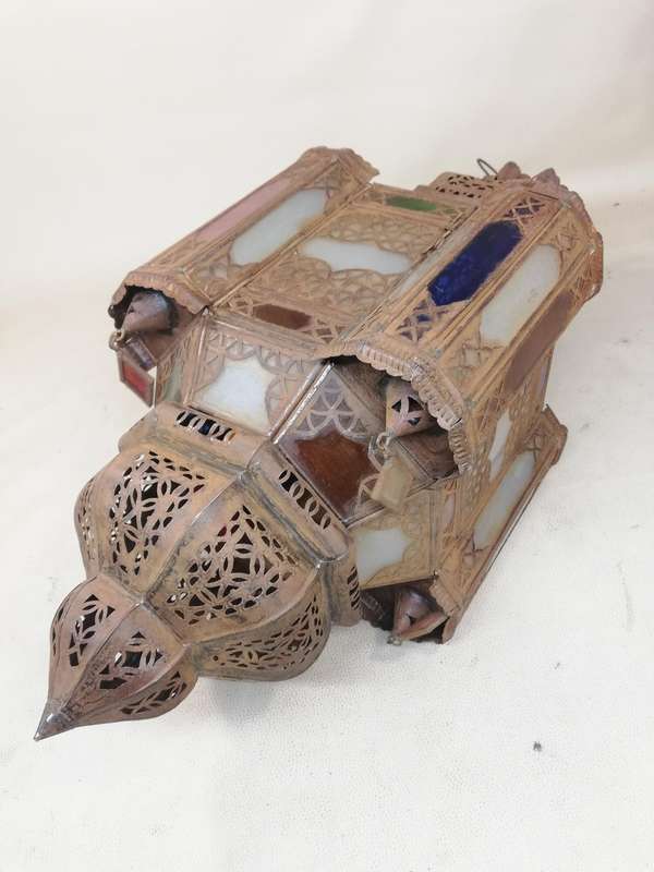 Vintage Moroccan Hanging Lantern Clear and Multicolor Glass Made in Marrakech