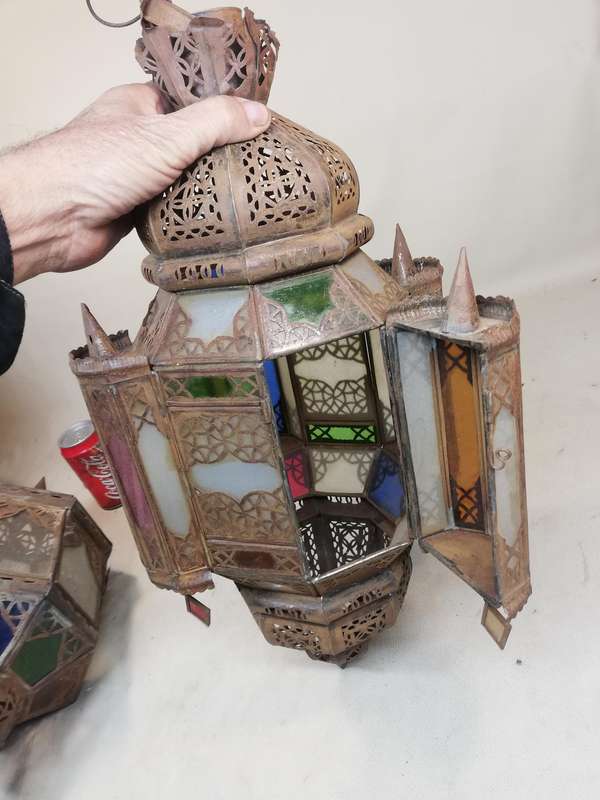 Vintage Moroccan Hanging Lantern Clear and Multicolor Glass Made in Marrakech