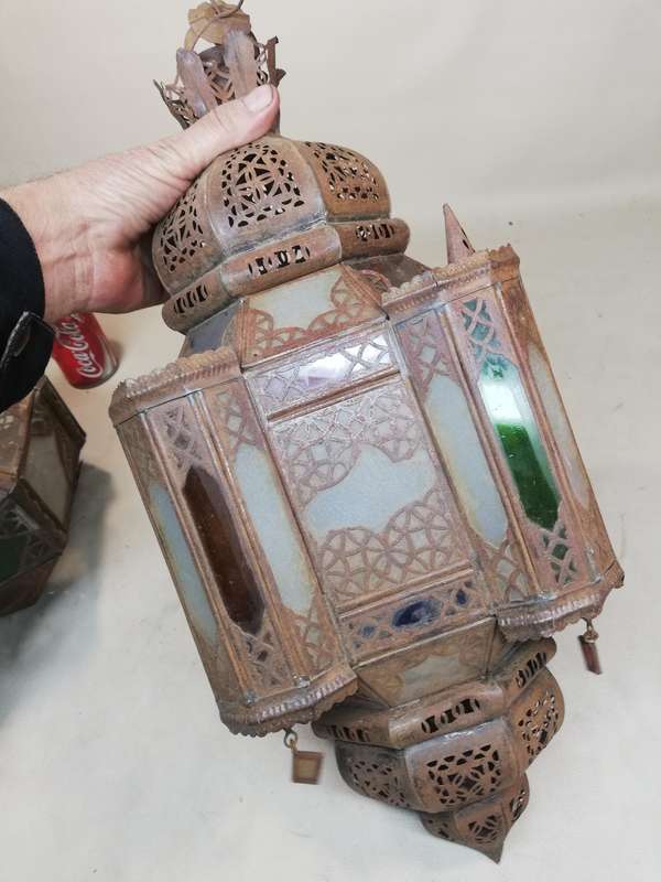 Vintage Moroccan Hanging Lantern Clear and Multicolor Glass Made in Marrakech