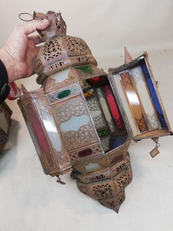 Vintage Moroccan Hanging Lantern Clear and Multicolor Glass Made in Marrakech