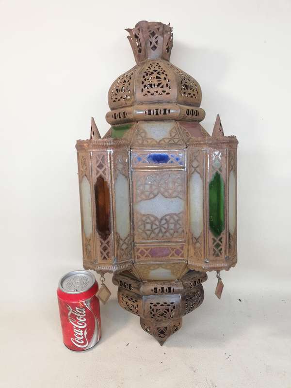Vintage Moroccan Hanging Lantern Clear and Multicolor Glass Made in Marrakech