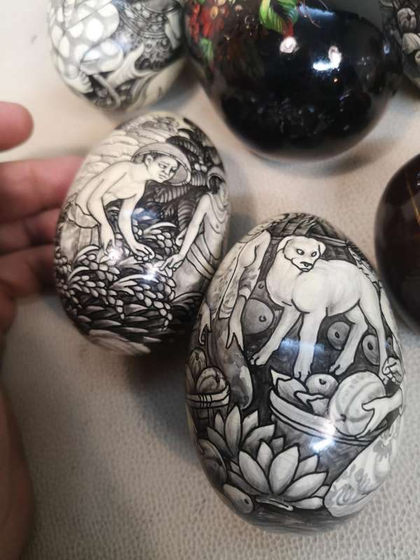 Hand-Painted Indonesian Mahogany Eggs Collection