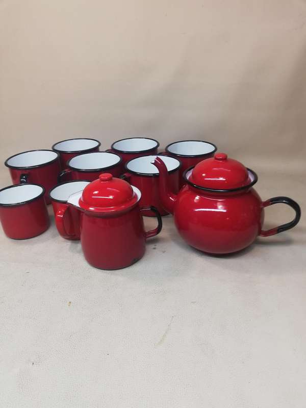 Absolutely Stunning Giant Vintage  12 pce Red Enamel Tea Set all Marked Made in Poland