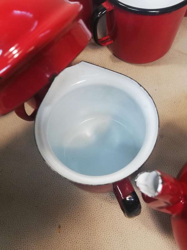 Absolutely Stunning Giant Vintage  12 pce Red Enamel Tea Set all Marked Made in Poland