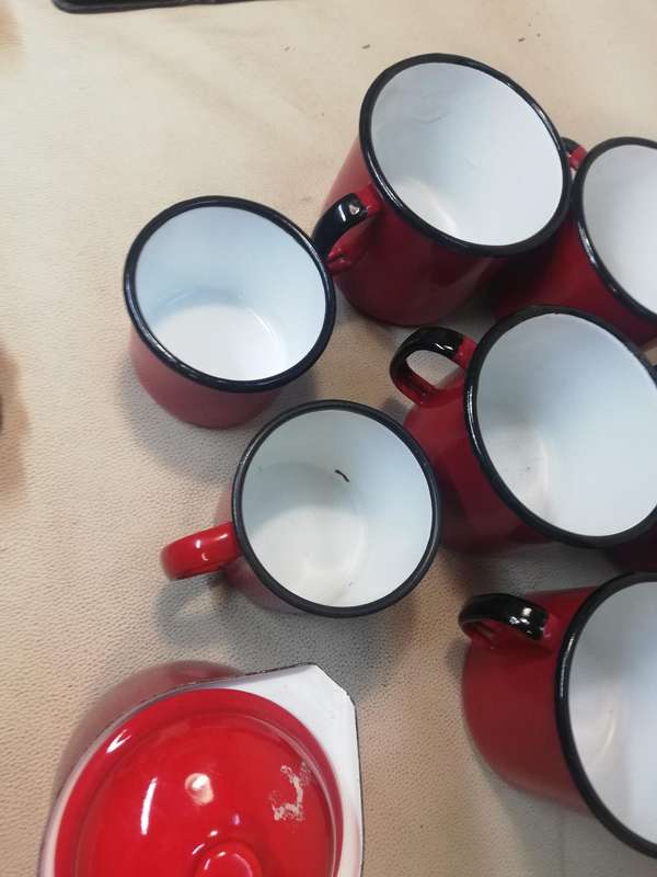 Absolutely Stunning Giant Vintage  12 pce Red Enamel Tea Set all Marked Made in Poland
