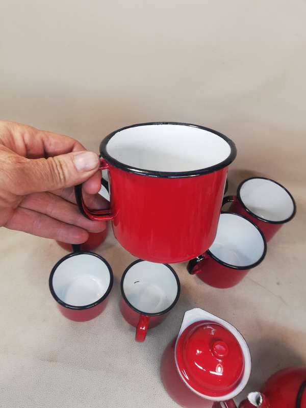 Absolutely Stunning Giant Vintage  12 pce Red Enamel Tea Set all Marked Made in Poland
