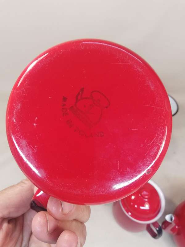 Absolutely Stunning Giant Vintage  12 pce Red Enamel Tea Set all Marked Made in Poland