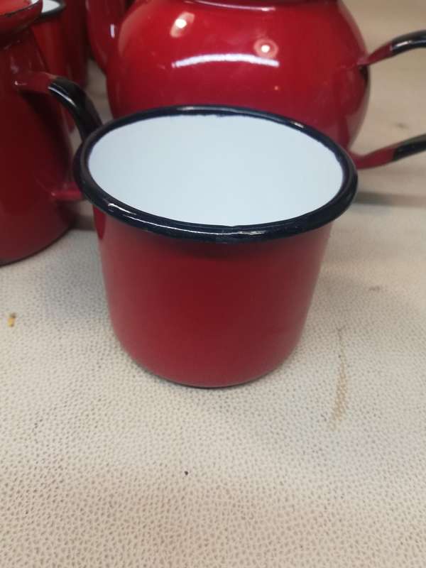 Absolutely Stunning Giant Vintage  12 pce Red Enamel Tea Set all Marked Made in Poland