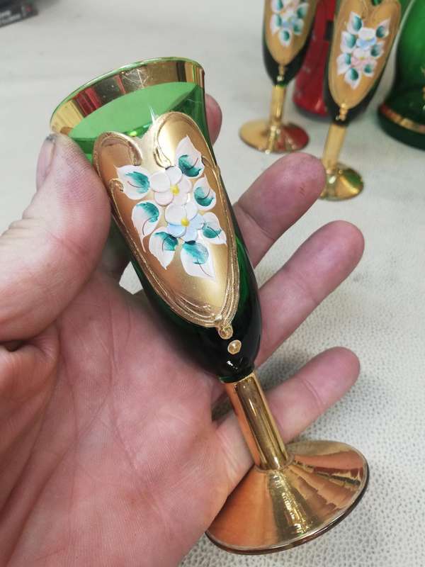 Vintage Murano Italian Hand Blown Gold Hand painted Decanter And 6 Wine Glasses