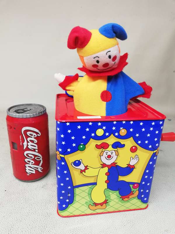 Vintage Schylling Tin Musical Wind Up Jack in the Box Circus Clown Jester Works