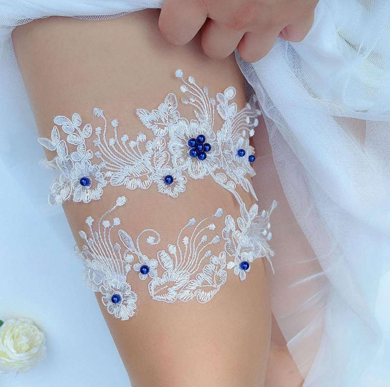 Appliques Decor Elegant Bridal Veil With Hair Comb For Wedding & 1pc Blue Lace Faux Pearl Decor Brid