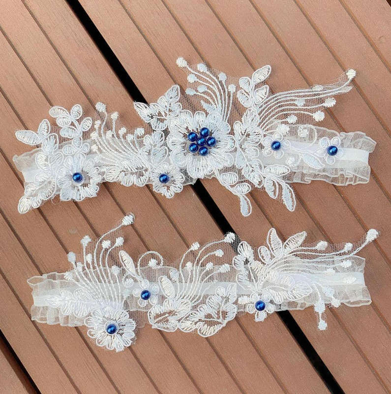 Appliques Decor Elegant Bridal Veil With Hair Comb For Wedding & 1pc Blue Lace Faux Pearl Decor Brid