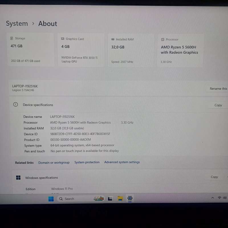 Lenovo legion 5 Beast gaming laptop, RTX 3050 Ti, 32GB RAM, AMD Rysen 5 5600H, 512NVME, Like New