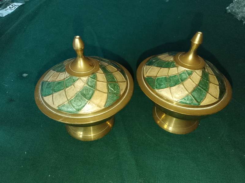 2 x brass containers with enamel lids made in india