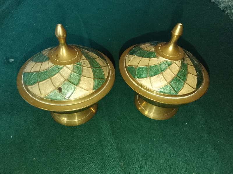 2 x brass containers with enamel lids made in india