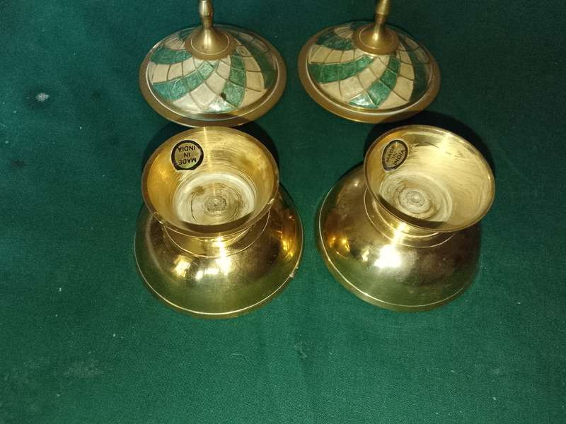 2 x brass containers with enamel lids made in india
