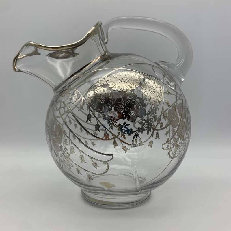 Large Glass Sterling Silver Overlay Water Jug (1940's)