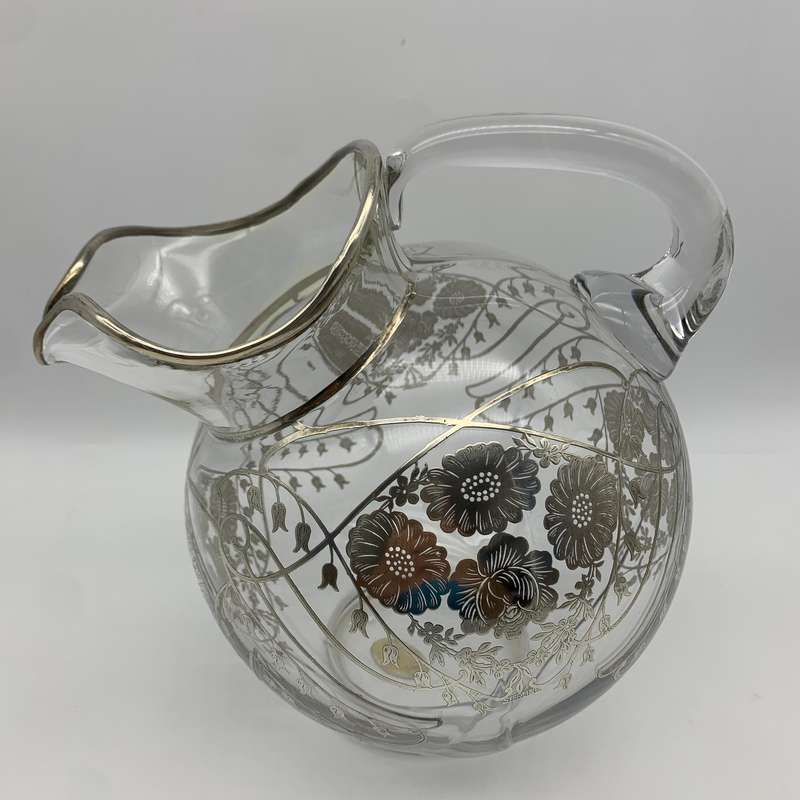Large Glass Sterling Silver Overlay Water Jug (1940's)