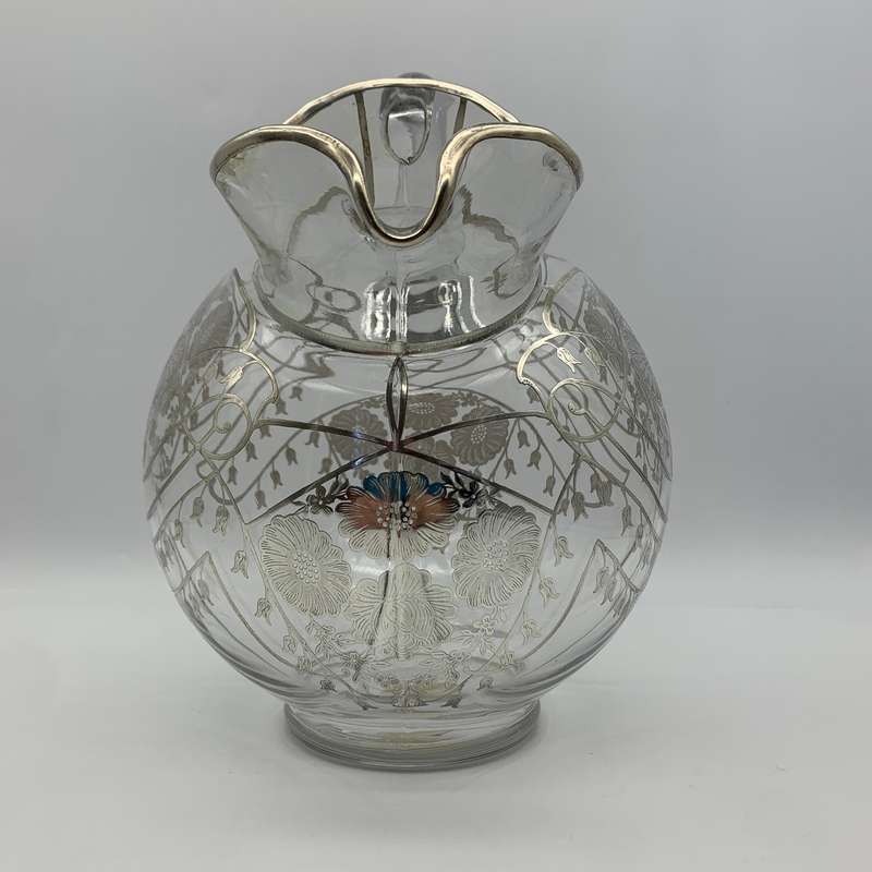 Large Glass Sterling Silver Overlay Water Jug (1940's)