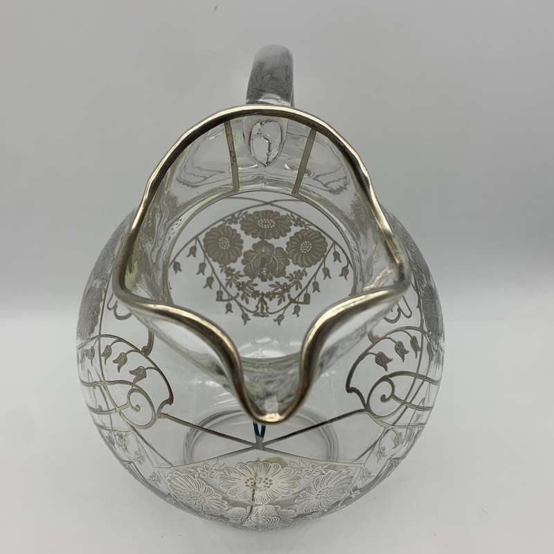 Large Glass Sterling Silver Overlay Water Jug (1940's)