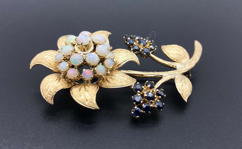 Solid Gold Opal and Sapphire Brooch (V. R48 560)