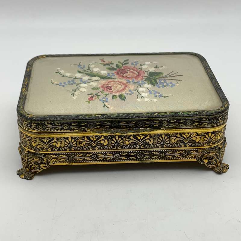 Vintage Brass & Petit Point Jewellery Box