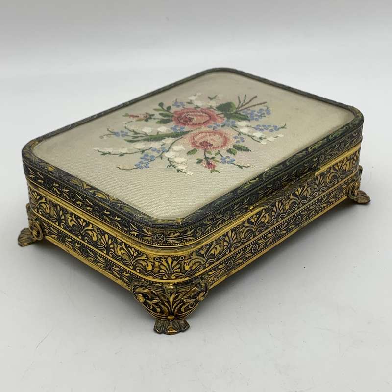 Vintage Brass & Petit Point Jewellery Box