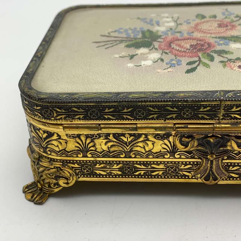 Vintage Brass & Petit Point Jewellery Box