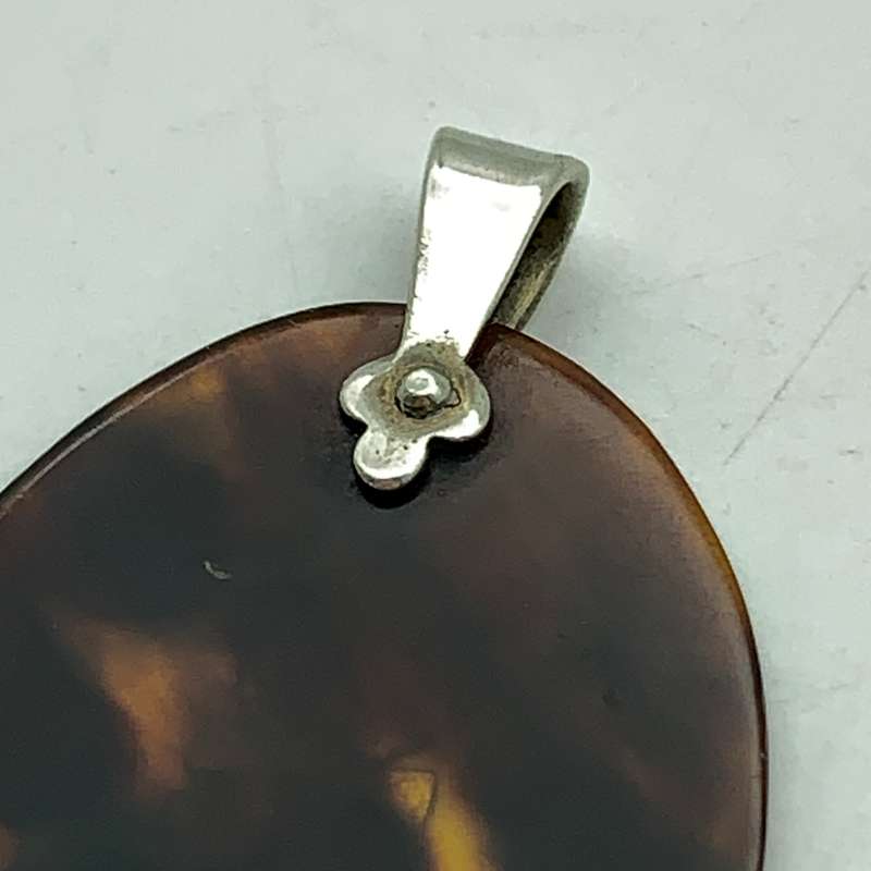 Antique Silver Inlaid Tortoise Shell Cat Good Luck Pendant (Pre 1920's)