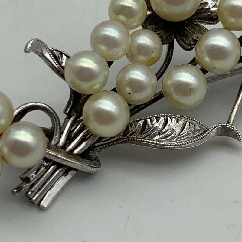 Early Solid Silver & Pearl Brooch