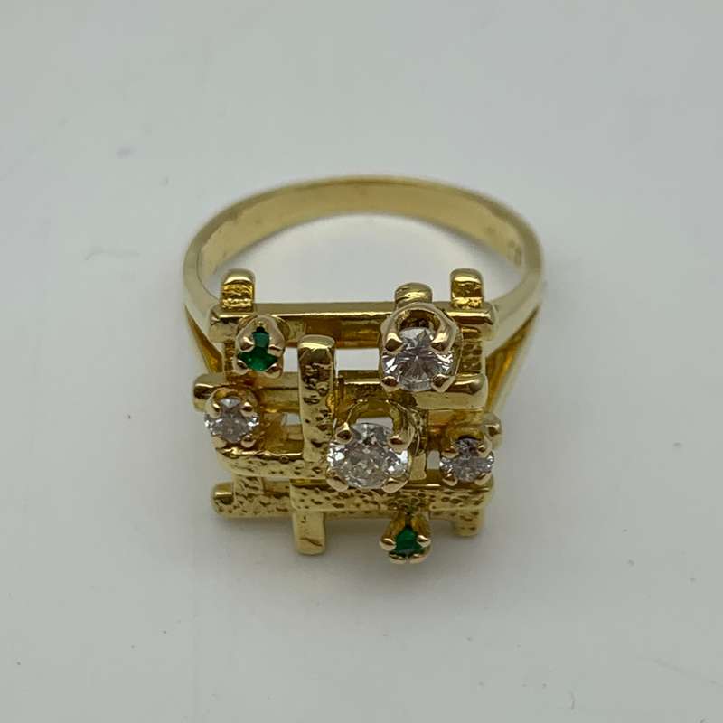 Abstract 18ct Gold Diamond & Emerald Ring