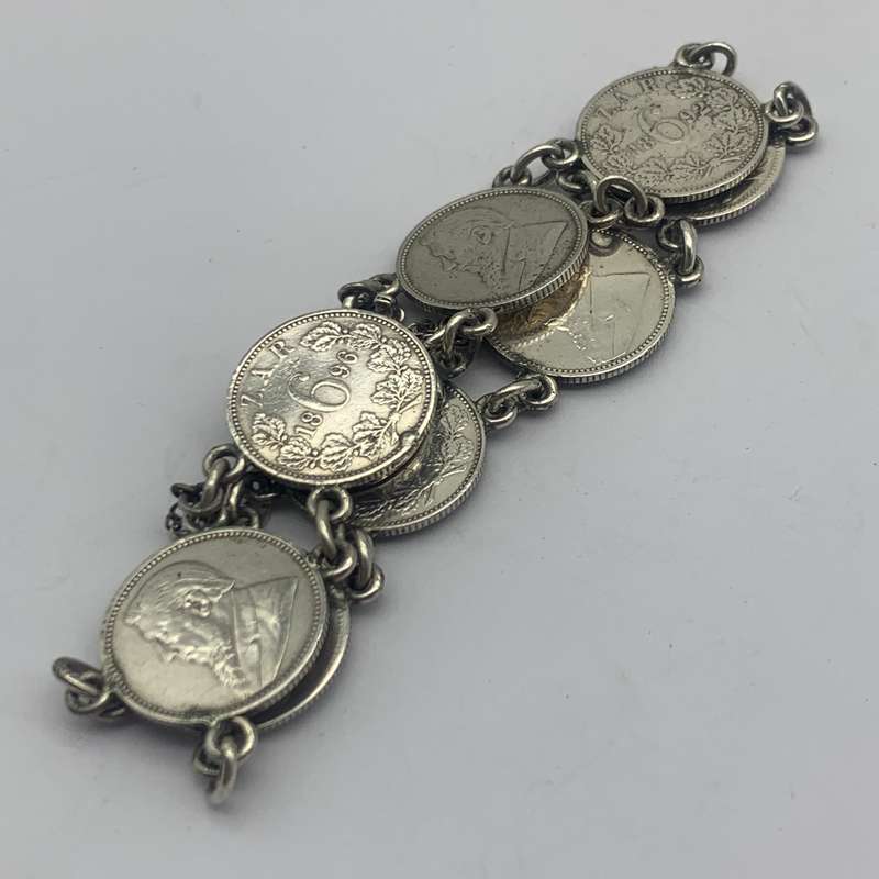 Antique Solid Silver 'ZAR Sixpence Kruger' Coin Bracelet